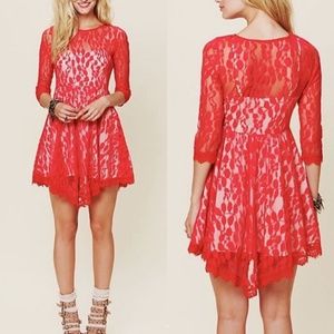 Free People Floral Vine Mesh Lace Sexy Flirty Red Dress